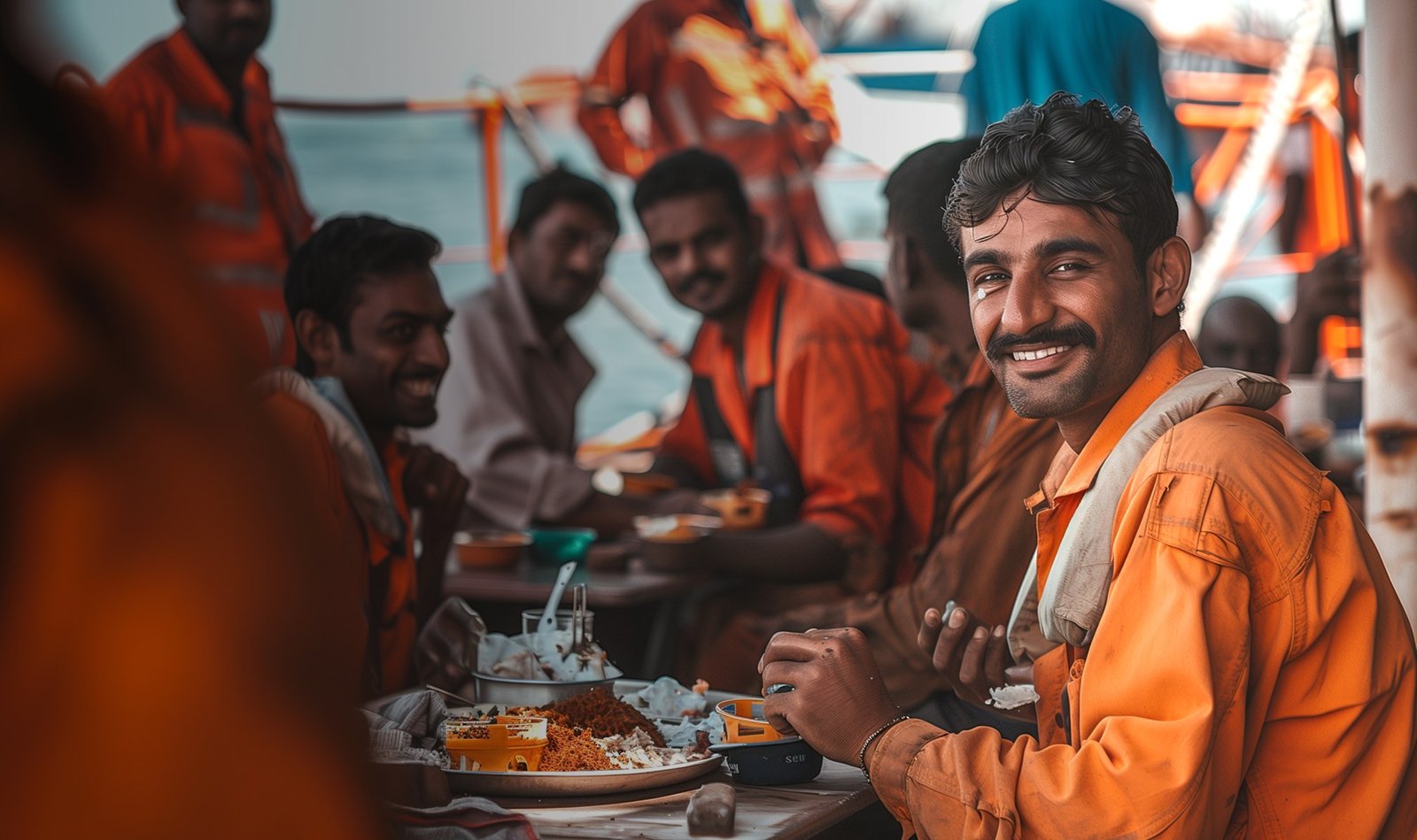 Seafarers sharing a meal on deck