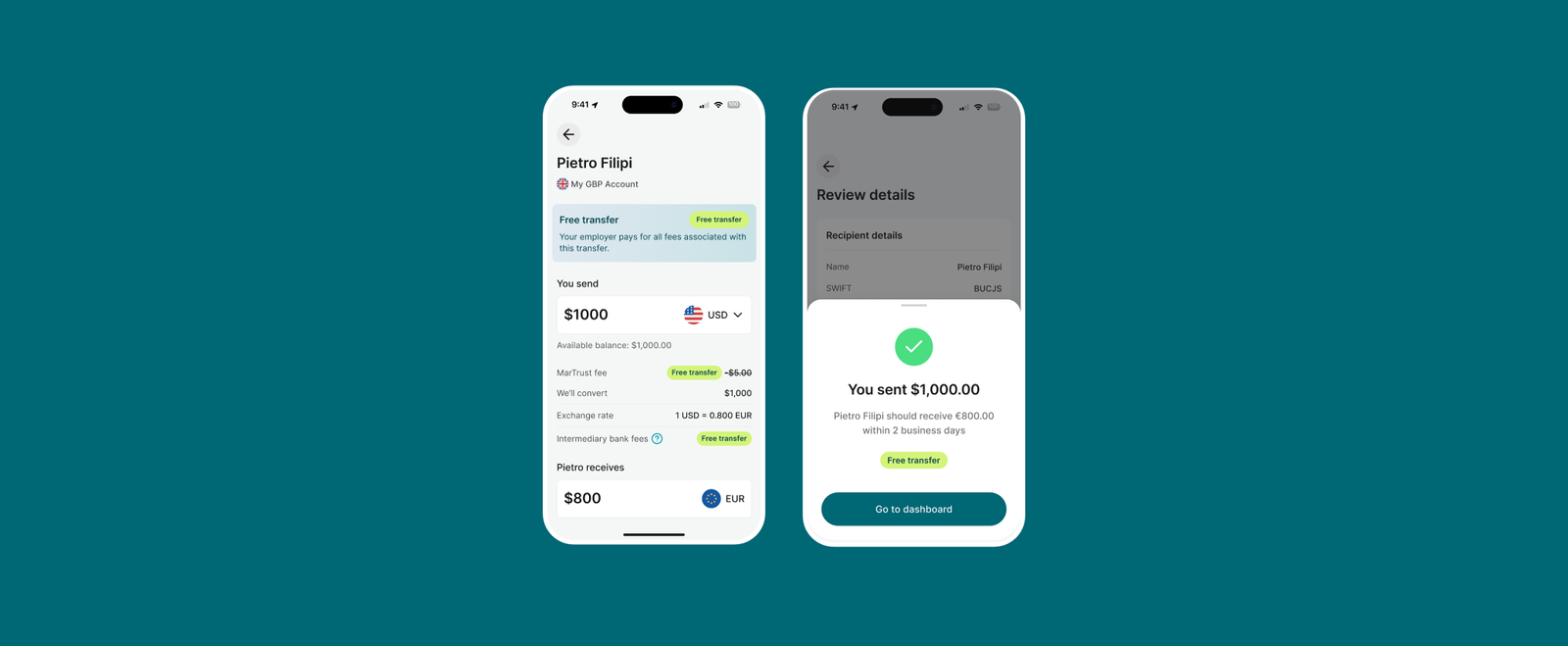 MarTrust transfer breakdown and confirmation screens