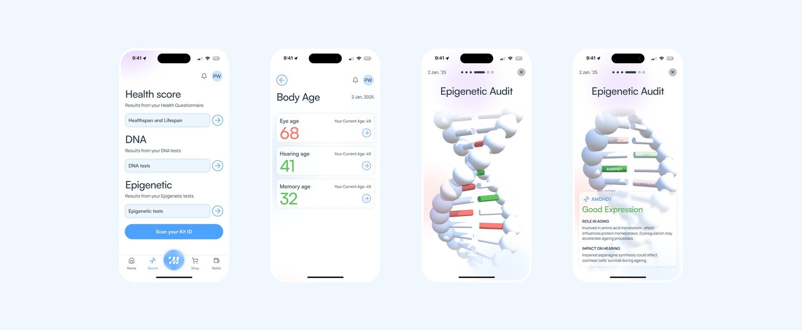 Health hub, body age, 3D DNA epigenetic audit, and gene expression detail